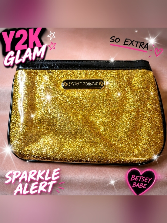 Betsey Johnson Handbags - Gold Glitter Clutch Bag Y2K Glam Betsey Johnson Sparkly Zip Pouch Evening Party